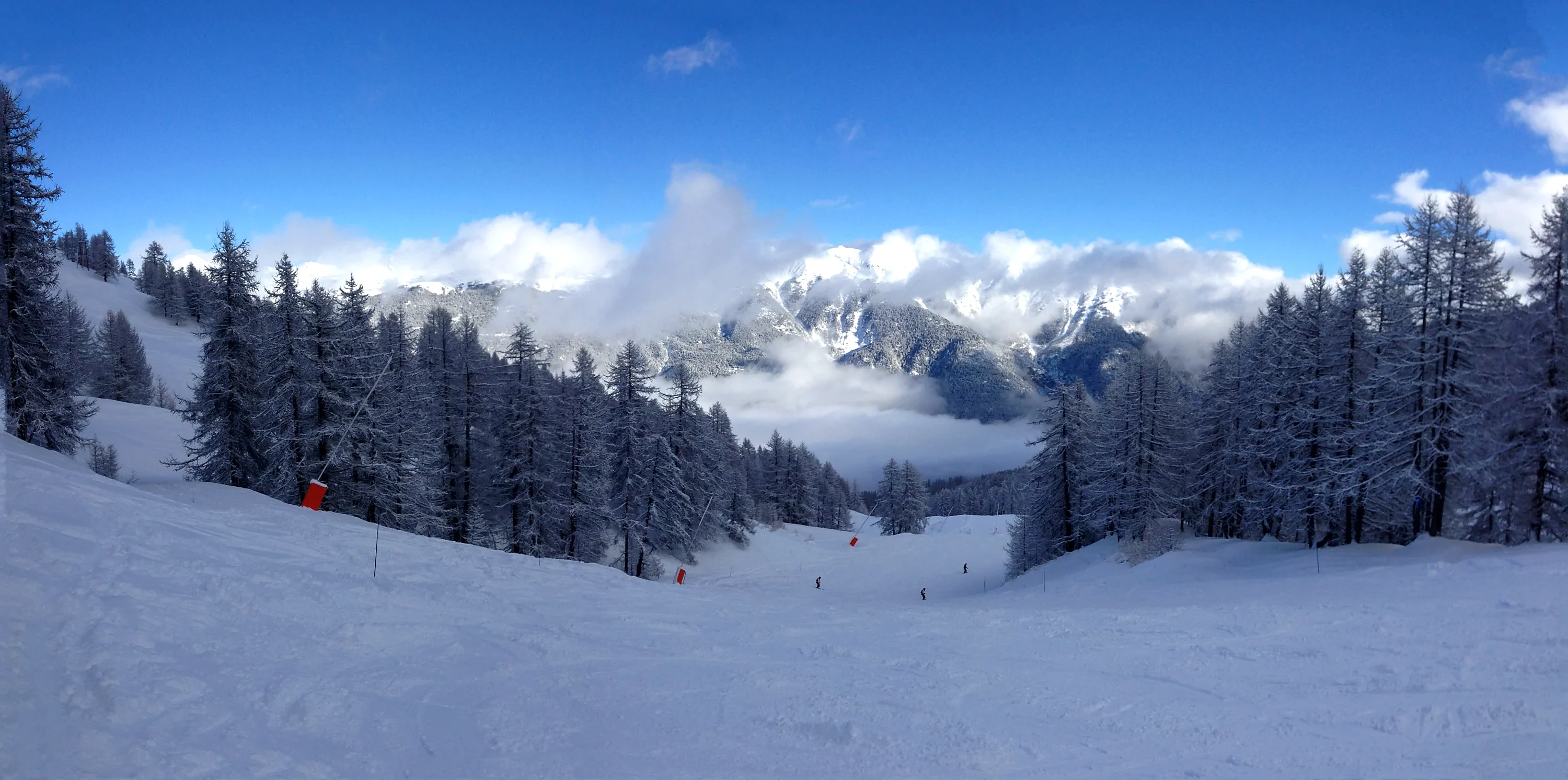 Snow-covered larch forest and piste below cloud-wrapped peaks above Chantemerle, Serre Chevalier